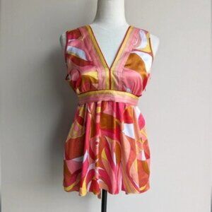 ECI satin retro print sleeveless tie waist blouse